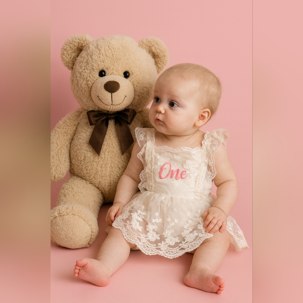 One Year Vintage Ivory Lace Baby Dress With A Bodysuit